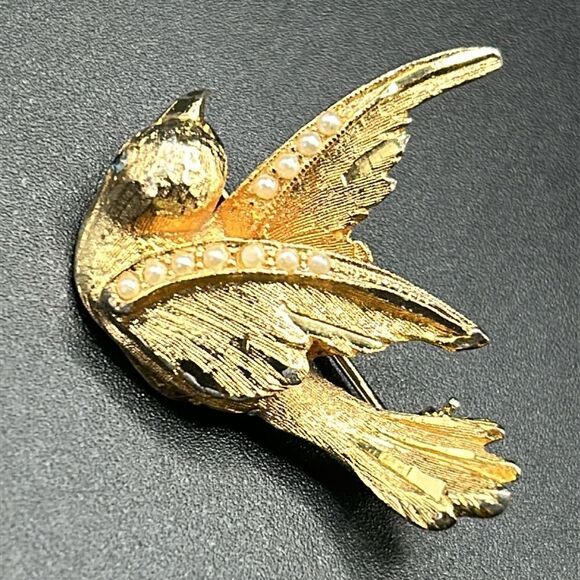 VTG Hobe Gold Tone Bird Brooch Pin Pearls, Blue Eye - Picture 5 of 7